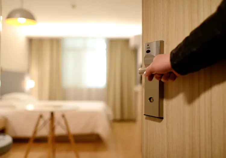 Lever style doorknob to a wheelchair accessible hotel room