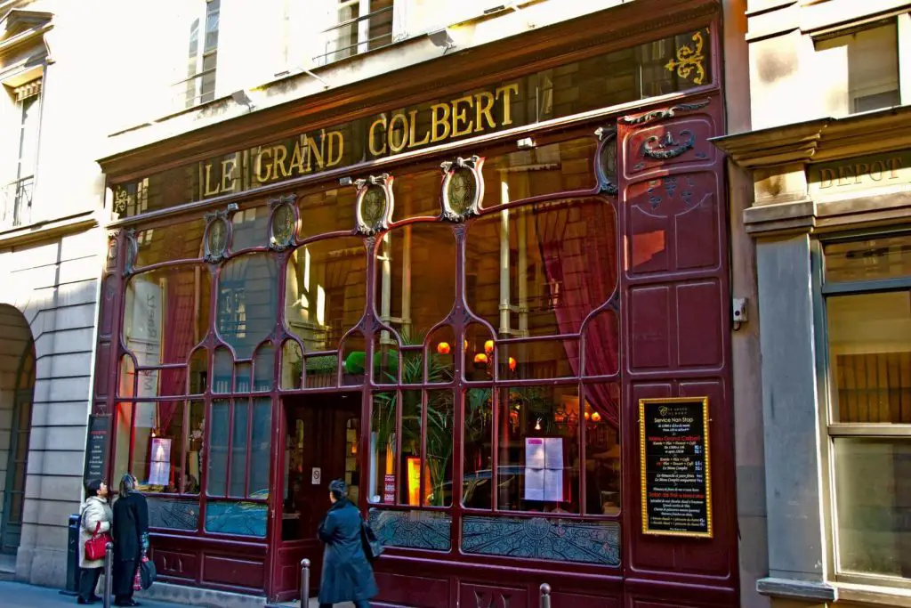 The exterior of Le Grand Colbert, one of the best places to eat escargot in Paris