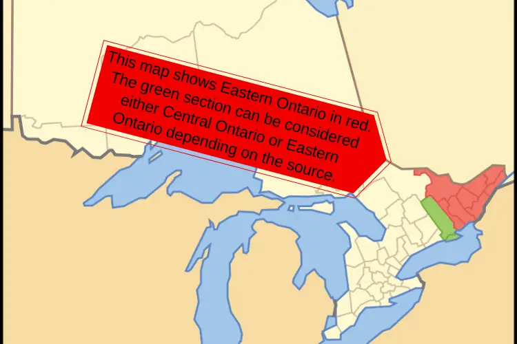 A map showing Eastern Ontario in red. Green divisions are in Central Ontario but occasionally considered part of Eastern Ontario as well